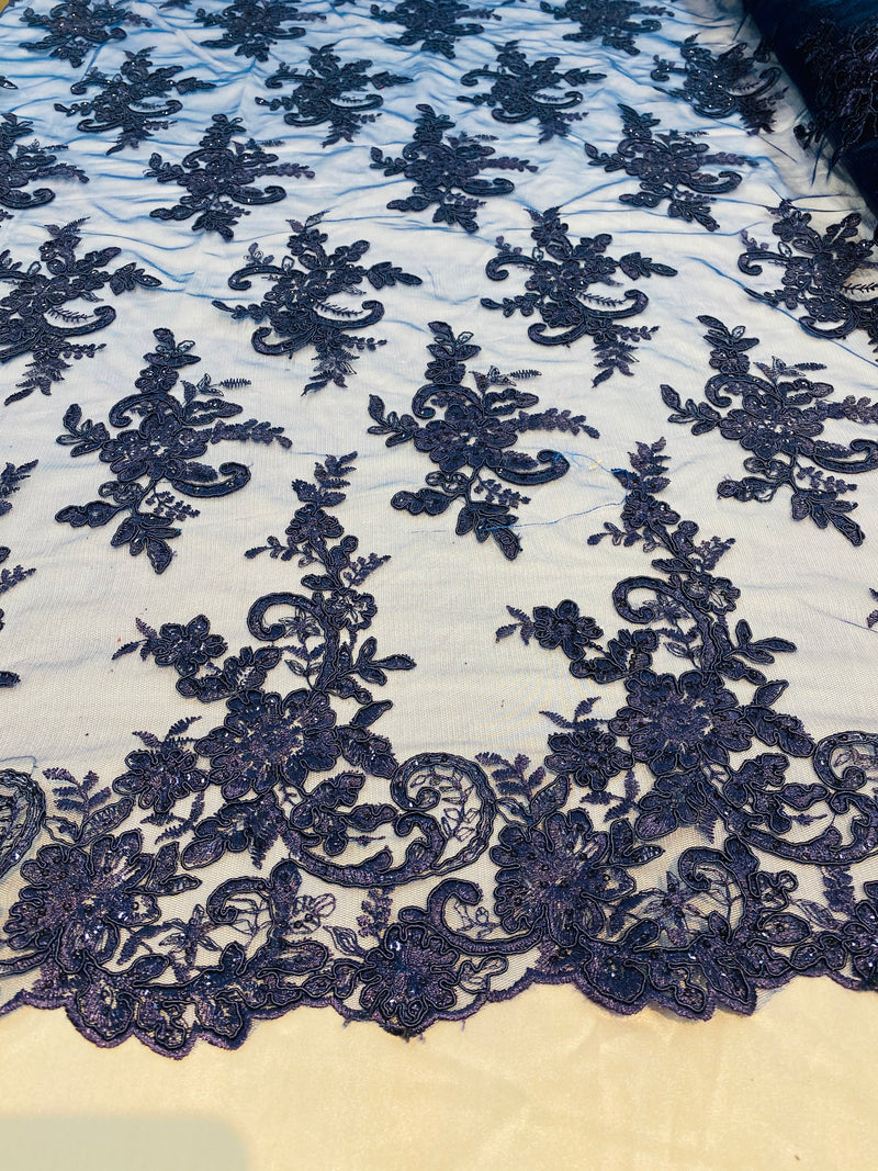 Lace Fabric - Navy - Corded Flower Embroidery With Sequins on Mesh Polyester By The Yard