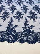 Lace Fabric - Navy - Corded Flower Embroidery With Sequins on Mesh Polyester By The Yard