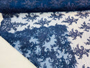 Lace Fabric - Navy - Corded Flower Embroidery With Sequins on Mesh Polyester By The Yard