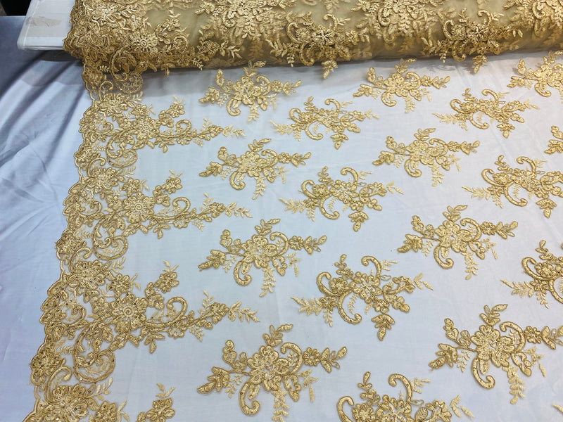 Lace Fabric - Gold - Corded Flower Embroidery With Sequins on Mesh Polyester By The Yard