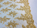 Lace Fabric - Gold - Corded Flower Embroidery With Sequins on Mesh Polyester By The Yard