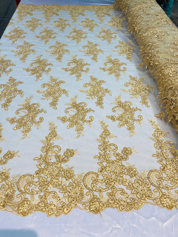 Lace Fabric - Gold - Corded Flower Embroidery With Sequins on Mesh Polyester By The Yard