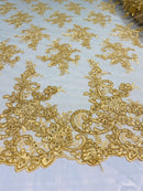 Lace Fabric - Gold - Corded Flower Embroidery With Sequins on Mesh Polyester By The Yard