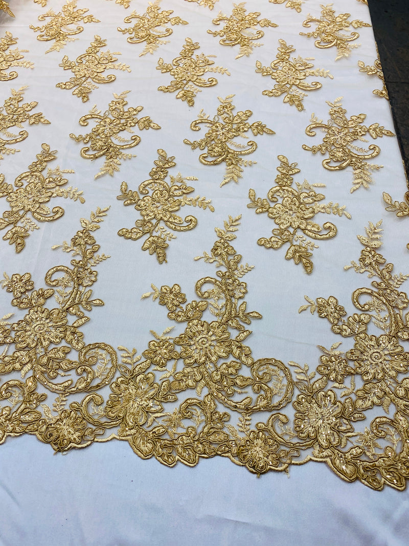 Lace Fabric - Gold - Corded Flower Embroidery With Sequins on Mesh Polyester By The Yard