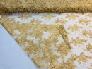 Lace Fabric - Gold - Corded Flower Embroidery With Sequins on Mesh Polyester By The Yard