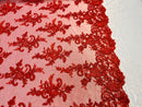 Lace Fabric - Red - Corded Flower Embroidery With Sequins on Mesh Polyester By The Yard