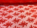 Lace Fabric - Red - Corded Flower Embroidery With Sequins on Mesh Polyester By The Yard