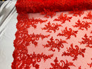 Lace Fabric - Red - Corded Flower Embroidery With Sequins on Mesh Polyester By The Yard