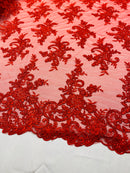 Lace Fabric - Red - Corded Flower Embroidery With Sequins on Mesh Polyester By The Yard