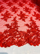 Lace Fabric - Red - Corded Flower Embroidery With Sequins on Mesh Polyester By The Yard