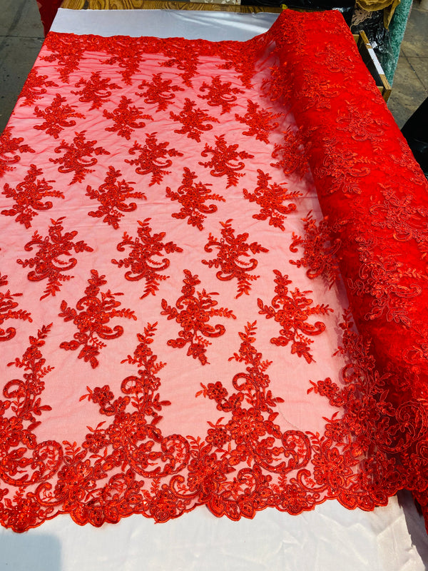 Lace Fabric - Red - Corded Flower Embroidery With Sequins on Mesh Polyester By The Yard