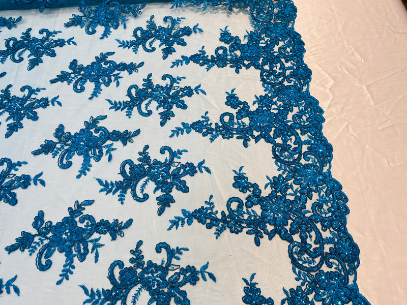 Lace Fabric - Turquoise - Corded Flower Embroidery With Sequins on Mesh Polyester By The Yard
