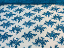 Lace Fabric - Turquoise - Corded Flower Embroidery With Sequins on Mesh Polyester By The Yard
