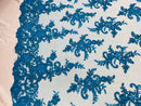 Lace Fabric - Turquoise - Corded Flower Embroidery With Sequins on Mesh Polyester By The Yard