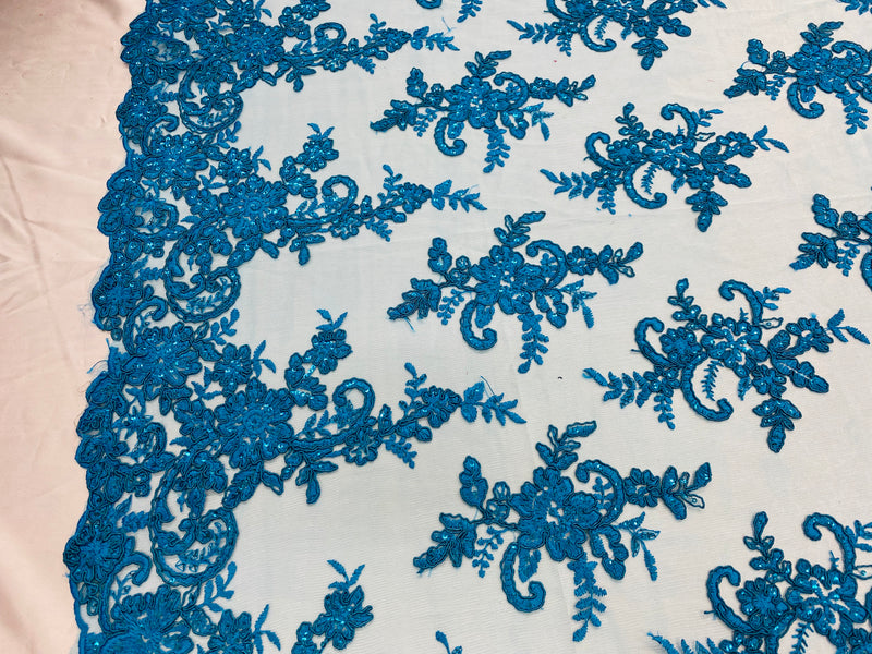 Lace Fabric - Turquoise - Corded Flower Embroidery With Sequins on Mesh Polyester By The Yard