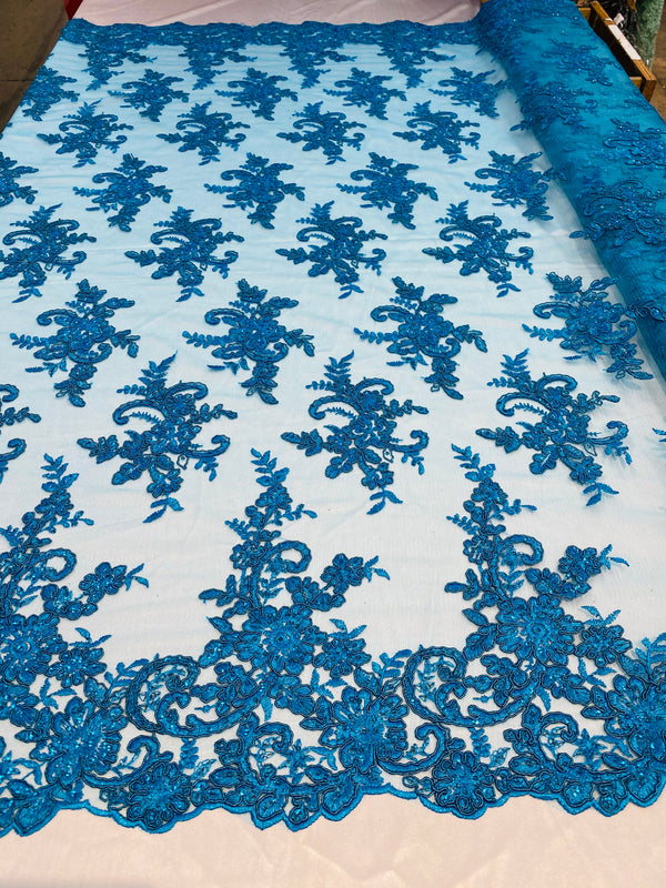 Lace Fabric - Turquoise - Corded Flower Embroidery With Sequins on Mesh Polyester By The Yard