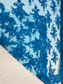 Lace Fabric - Turquoise - Corded Flower Embroidery With Sequins on Mesh Polyester By The Yard