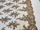 Lace Fabric - Coffee - Corded Flower Embroidery With Sequins on Mesh Polyester By The Yard
