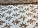 Lace Fabric - Coffee - Corded Flower Embroidery With Sequins on Mesh Polyester By The Yard