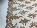 Lace Fabric - Coffee - Corded Flower Embroidery With Sequins on Mesh Polyester By The Yard