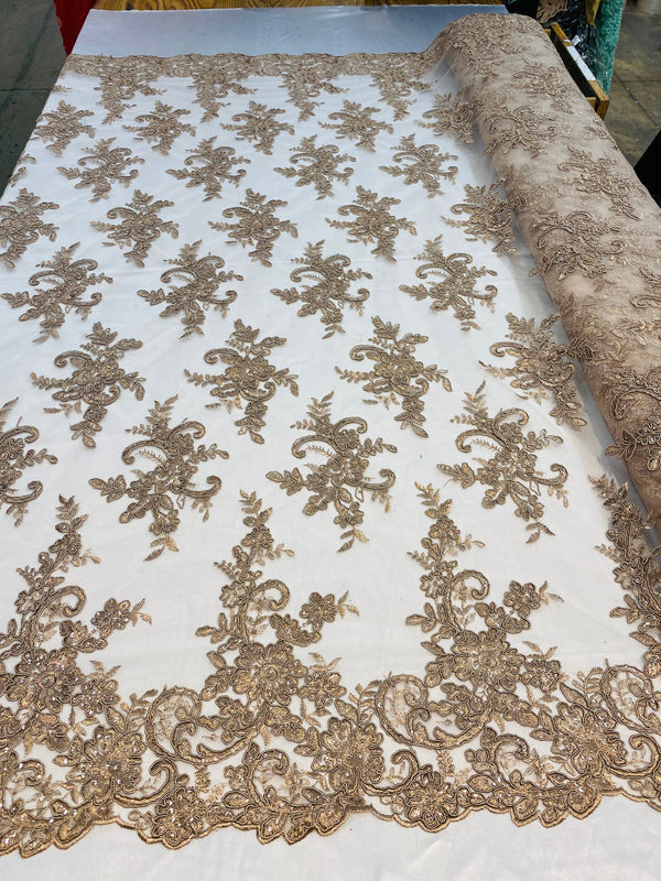 Lace Fabric - Coffee - Corded Flower Embroidery With Sequins on Mesh Polyester By The Yard