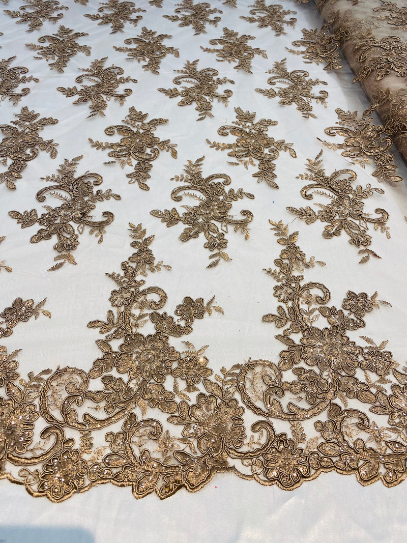 Lace Fabric - Coffee - Corded Flower Embroidery With Sequins on Mesh Polyester By The Yard