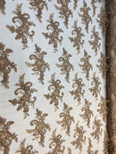 Lace Fabric - Coffee - Corded Flower Embroidery With Sequins on Mesh Polyester By The Yard