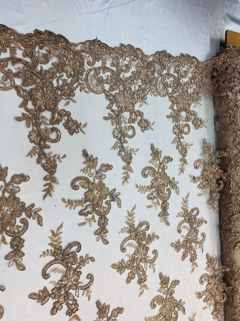 Lace Fabric - Coffee - Corded Flower Embroidery With Sequins on Mesh Polyester By The Yard
