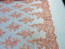 Lace Fabric - Peach - Corded Flower Embroidery With Sequins on Mesh Polyester By The Yard