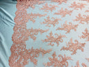 Lace Fabric - Peach - Corded Flower Embroidery With Sequins on Mesh Polyester By The Yard