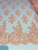 Lace Fabric - Peach - Corded Flower Embroidery With Sequins on Mesh Polyester By The Yard