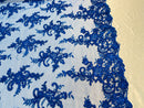 Lace Fabric - Royal Blue - Corded Flower Embroidery With Sequins on Mesh Polyester By The Yard
