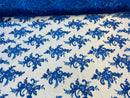 Lace Fabric - Royal Blue - Corded Flower Embroidery With Sequins on Mesh Polyester By The Yard