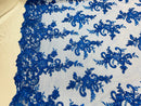 Lace Fabric - Royal Blue - Corded Flower Embroidery With Sequins on Mesh Polyester By The Yard