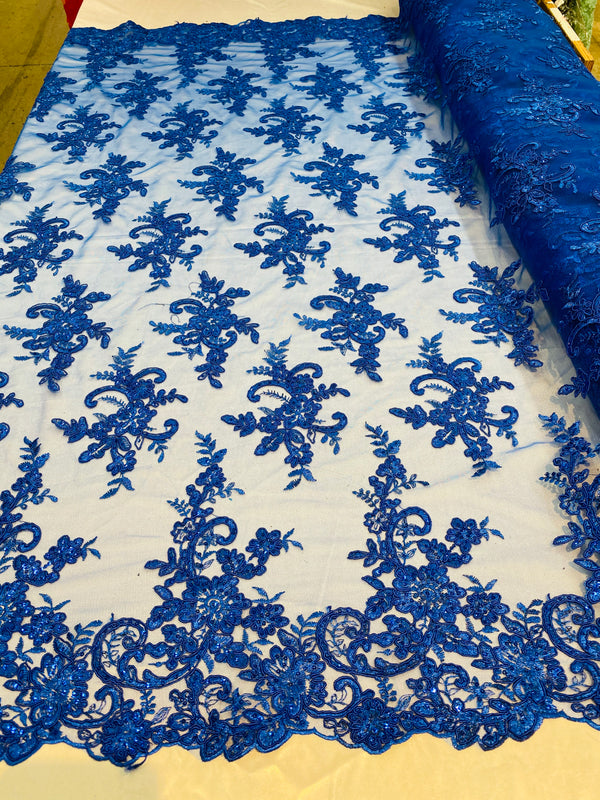 Lace Fabric - Royal Blue - Corded Flower Embroidery With Sequins on Mesh Polyester By The Yard