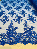 Lace Fabric - Royal Blue - Corded Flower Embroidery With Sequins on Mesh Polyester By The Yard