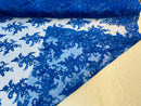 Lace Fabric - Royal Blue - Corded Flower Embroidery With Sequins on Mesh Polyester By The Yard