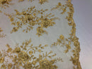 Floral Embroided 3D Fabric with small Pearl Decor - Gold - Beautiful Fabrics Sold by The Yard