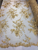 Floral Embroided 3D Fabric with small Pearl Decor - Gold - Beautiful Fabrics Sold by The Yard