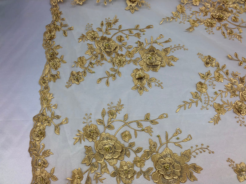 Floral Embroided 3D Fabric with small Pearl Decor - Gold - Beautiful Fabrics Sold by The Yard