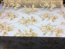 Floral Embroided 3D Fabric with small Pearl Decor - Gold - Beautiful Fabrics Sold by The Yard