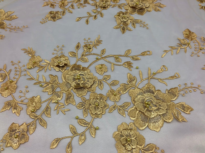 Floral Embroided 3D Fabric with small Pearl Decor - Gold - Beautiful Fabrics Sold by The Yard