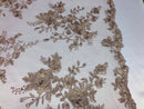Floral Embroided 3D Fabric with small Pearl Decor - Mocha - Beautiful Fabrics Sold by The Yard