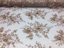 Floral Embroided 3D Fabric with small Pearl Decor - Mocha - Beautiful Fabrics Sold by The Yard