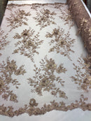 Floral Embroided 3D Fabric with small Pearl Decor - Mocha - Beautiful Fabrics Sold by The Yard