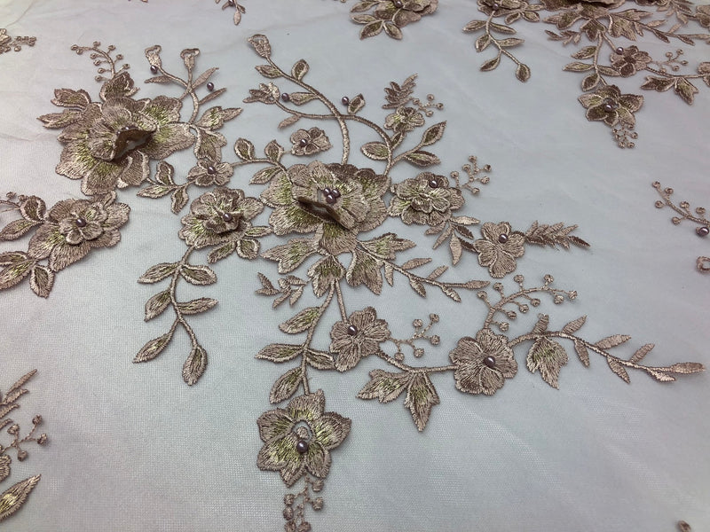 Floral Embroided 3D Fabric with small Pearl Decor - Mocha - Beautiful Fabrics Sold by The Yard