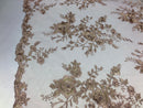 Floral Embroided 3D Fabric with small Pearl Decor - Mocha - Beautiful Fabrics Sold by The Yard