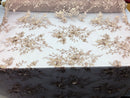 Floral Embroided 3D Fabric with small Pearl Decor - Mocha - Beautiful Fabrics Sold by The Yard