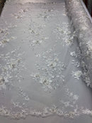 Floral Embroided 3D Fabric with small Pearl Decor - Ivory - Beautiful Fabrics Sold by The Yard