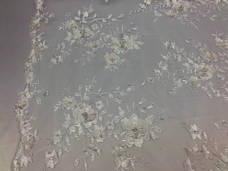 Floral Embroided 3D Fabric with small Pearl Decor - Ivory - Beautiful Fabrics Sold by The Yard